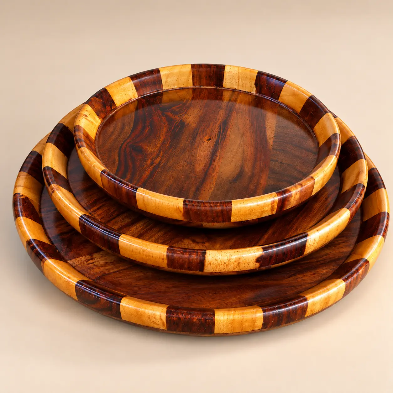 Handcrafted 3-Piece Round Wooden Serving Tray Set