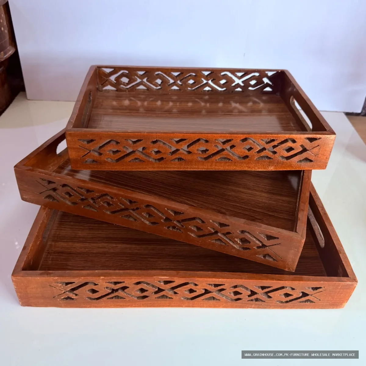 Hand-Carved Wooden Serving Tray Set with Geometric Cutwork