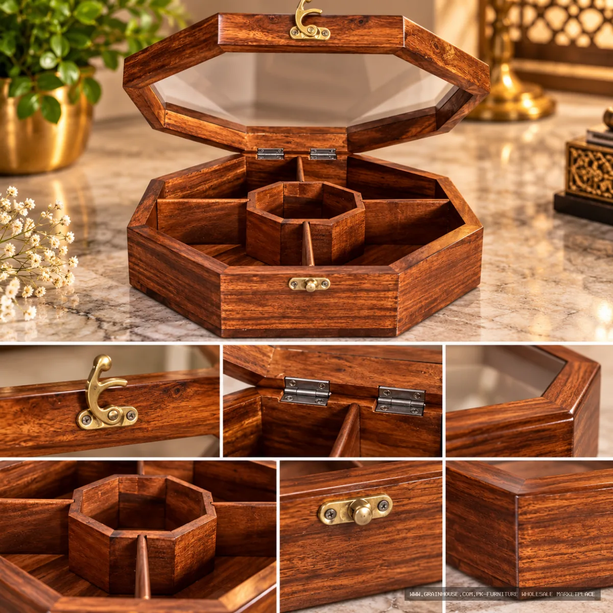 Octagonal Wooden Jewelry Organizer Box with Compartments