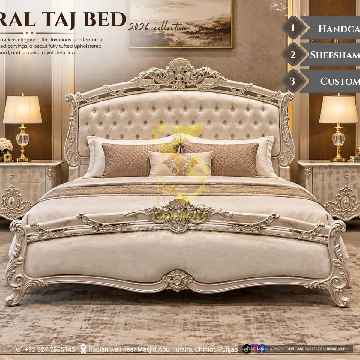 Chinioti Royal Bedroom Set – Hand-Carved King Bed with Dresser & Nightstands