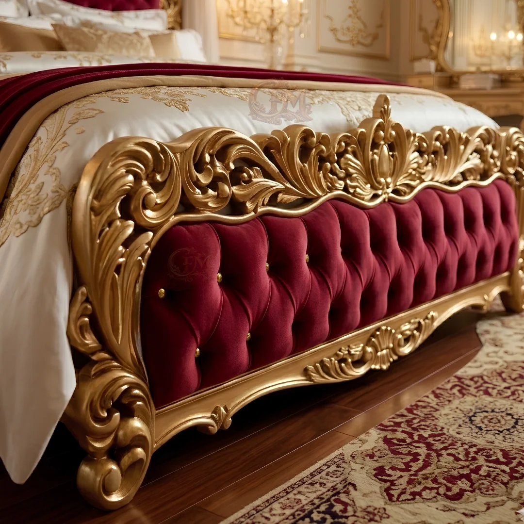 Chinioti Luxury Maroon Tufted Bed Set B6 – Heavy Carved Gold Royal Design — image 3