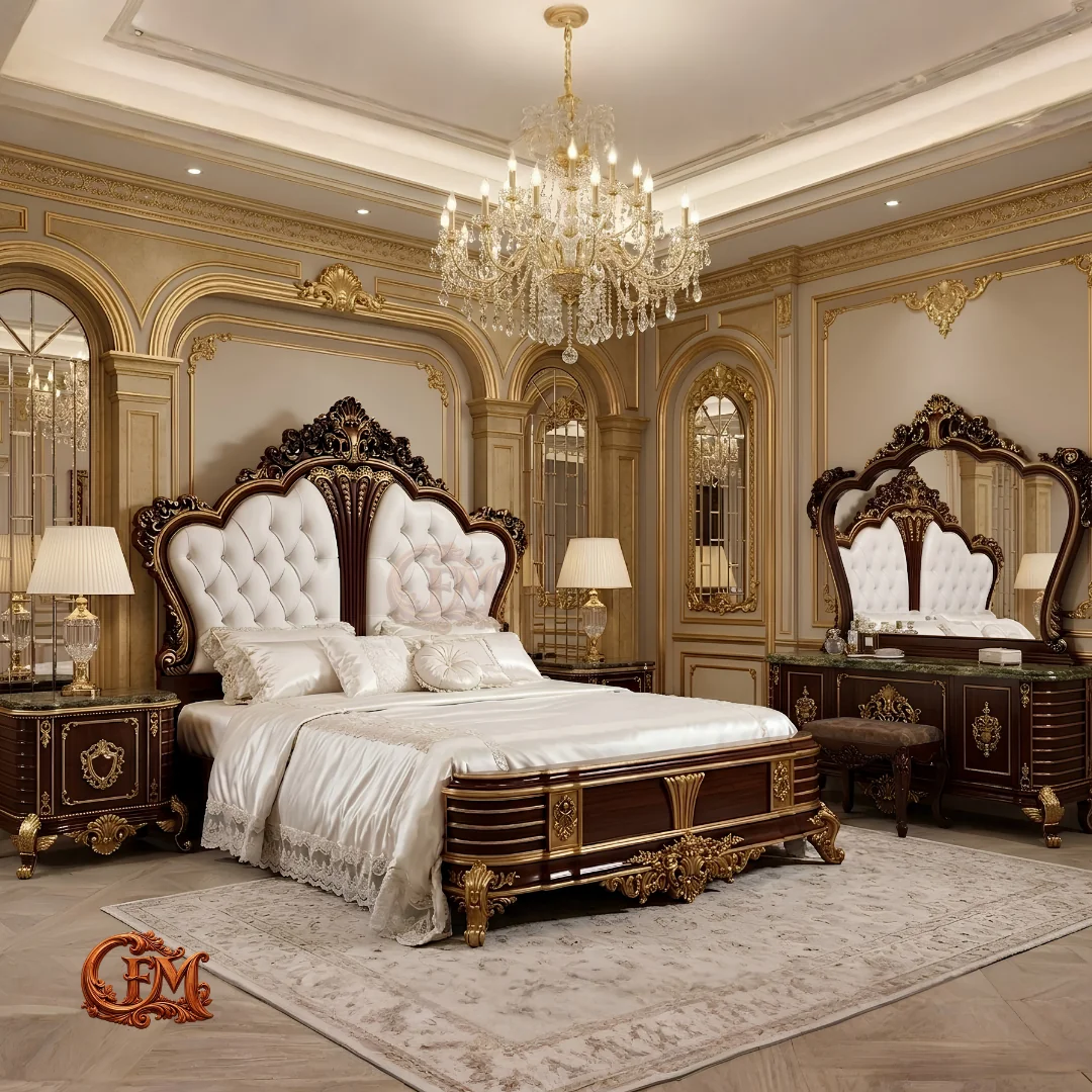 Chinioti Luxury Imperial Bed Set B20 – Dark Walnut, Gold & Marble Royal Design