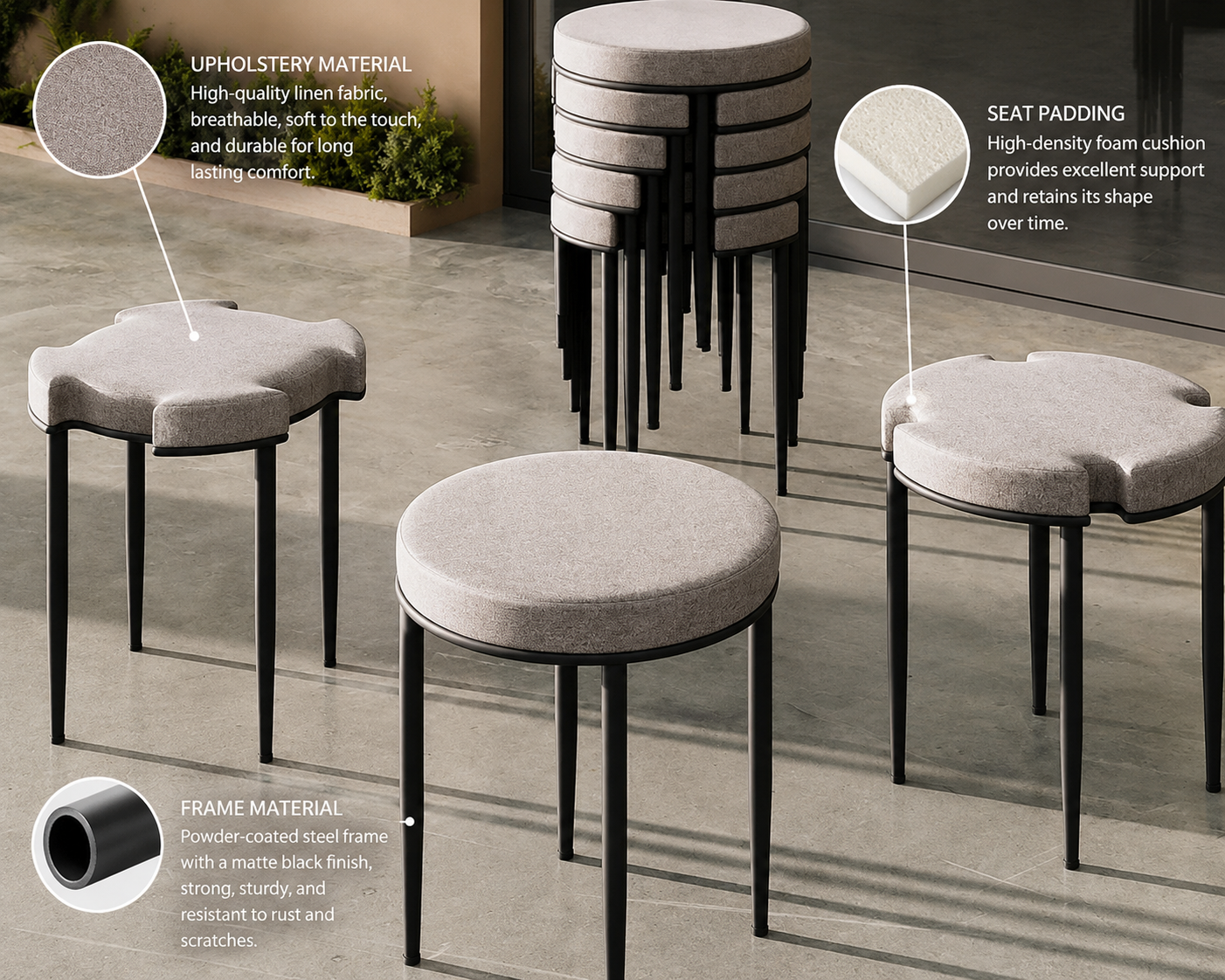 Patio Stool – Outdoor Linen Grey Stackable Stool — image 2