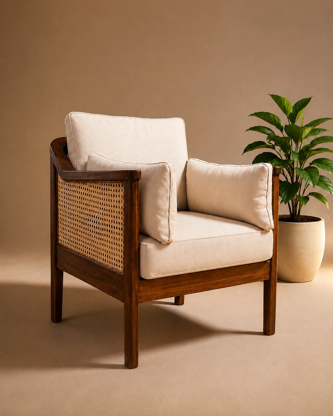 Tribal Cane Wood Armchair – Cream Upholstered