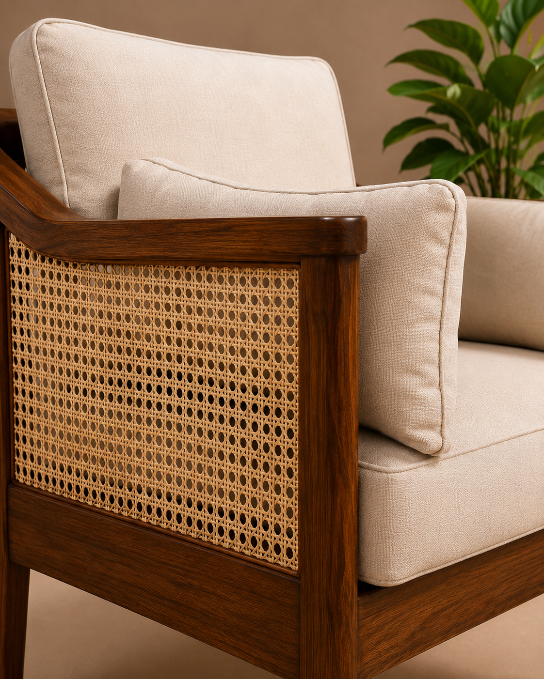 Tribal Cane Wood Armchair – Cream Upholstered — image 2