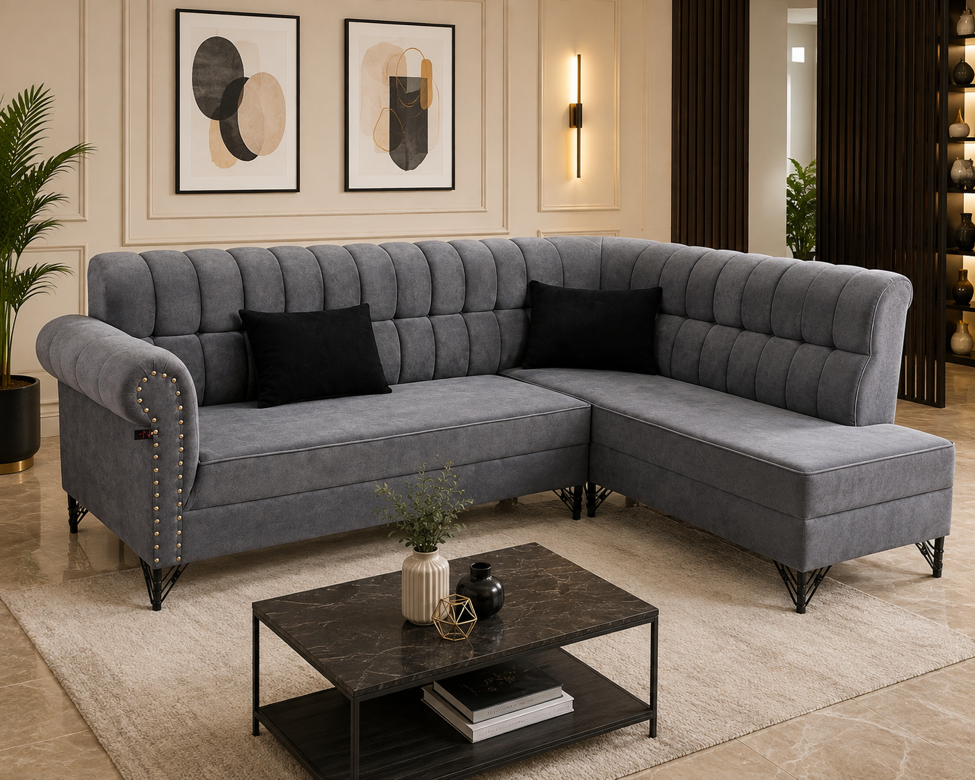 Modern Grey L-Shape Sectional Sofa with Nailhead Arms