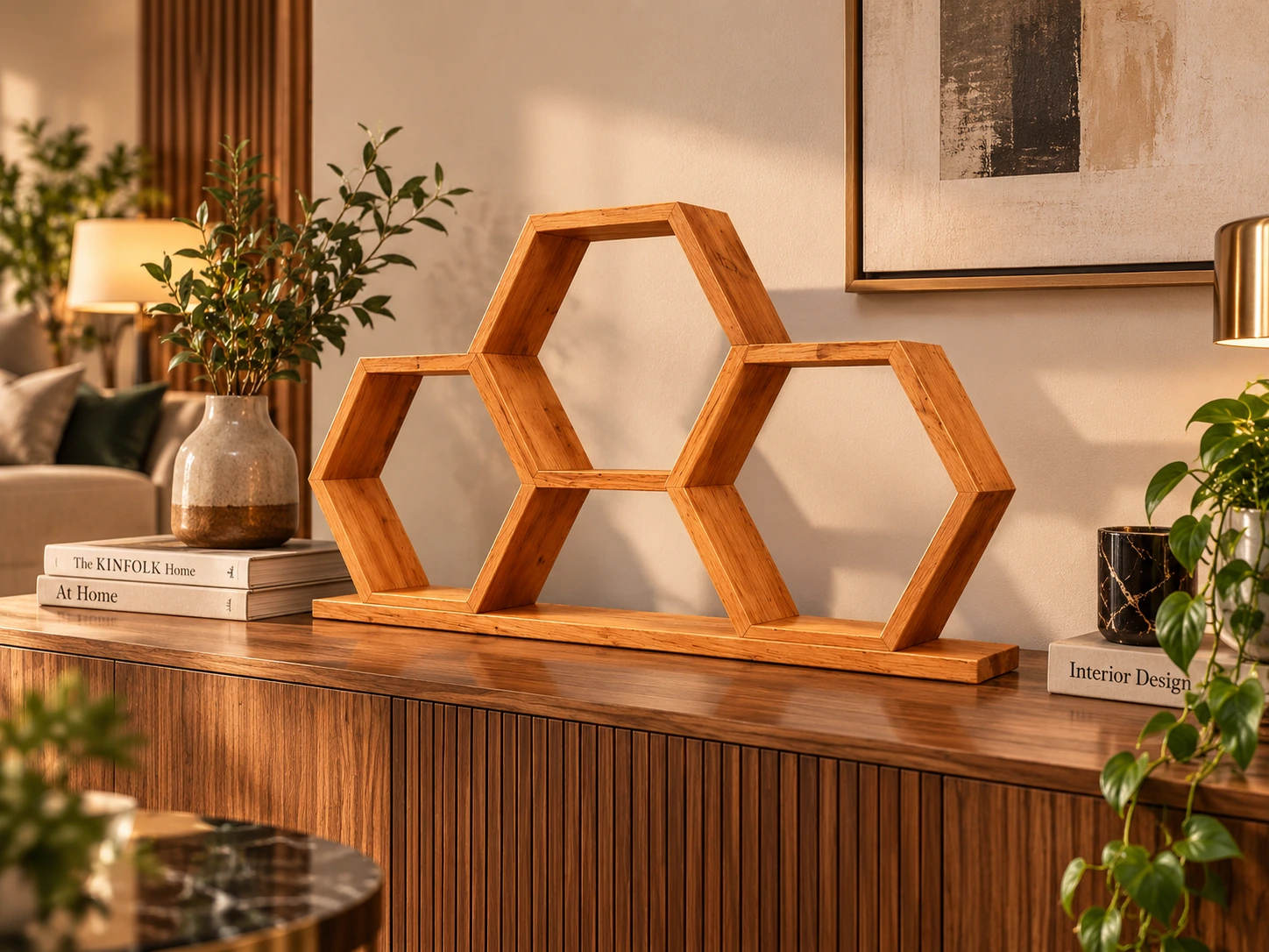 Wooden Hexagon Wall Shelf Set – Handmade Natural Wood Design — image 3