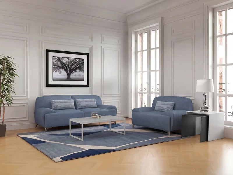 Kenzie Blue 3-Seater Sofa – Flat Woven Fabric Couch with Metal Legs