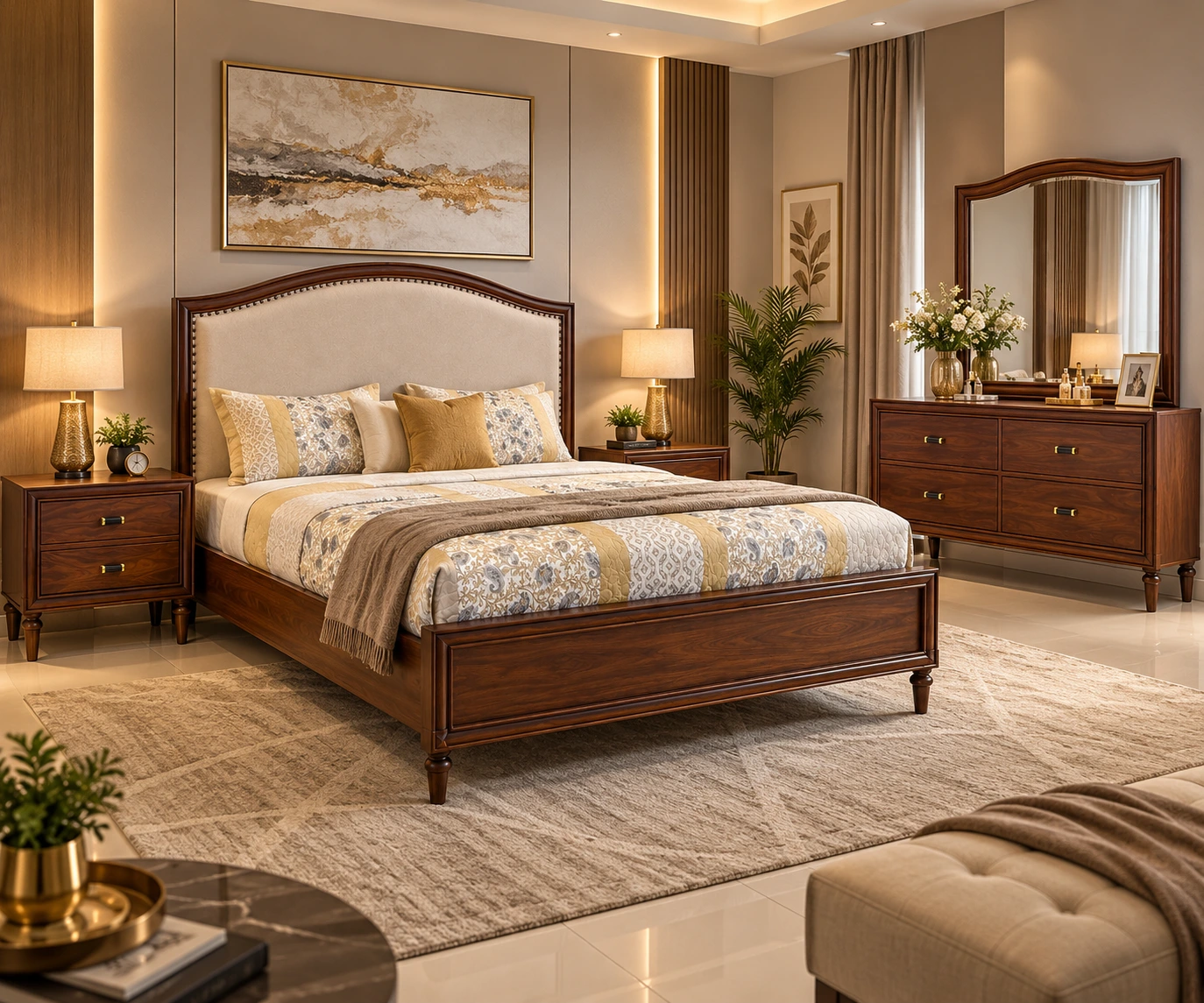 Luxury Wooden Bedroom Set with Upholstered Bed | Elegant Pakistani Furniture