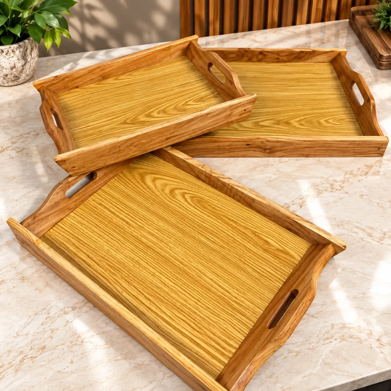 Premium 3-Piece Wooden Tray Set T003 – Nesting Serving Trays