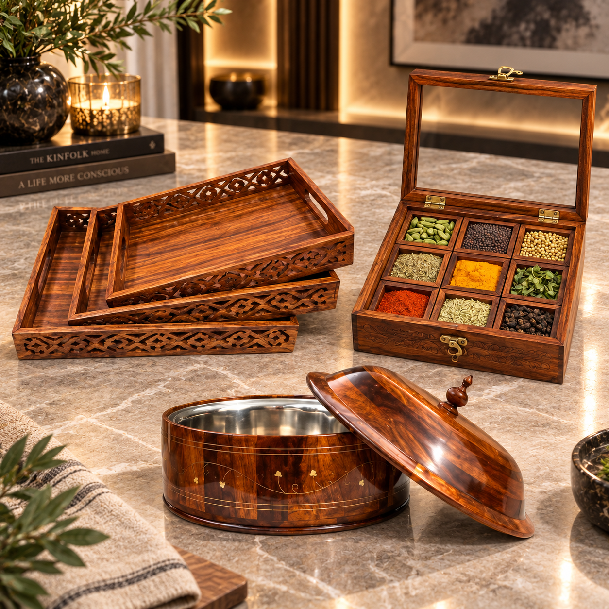 Premium Wooden Kitchen Set – Tray, Hot Pot & Spice Box