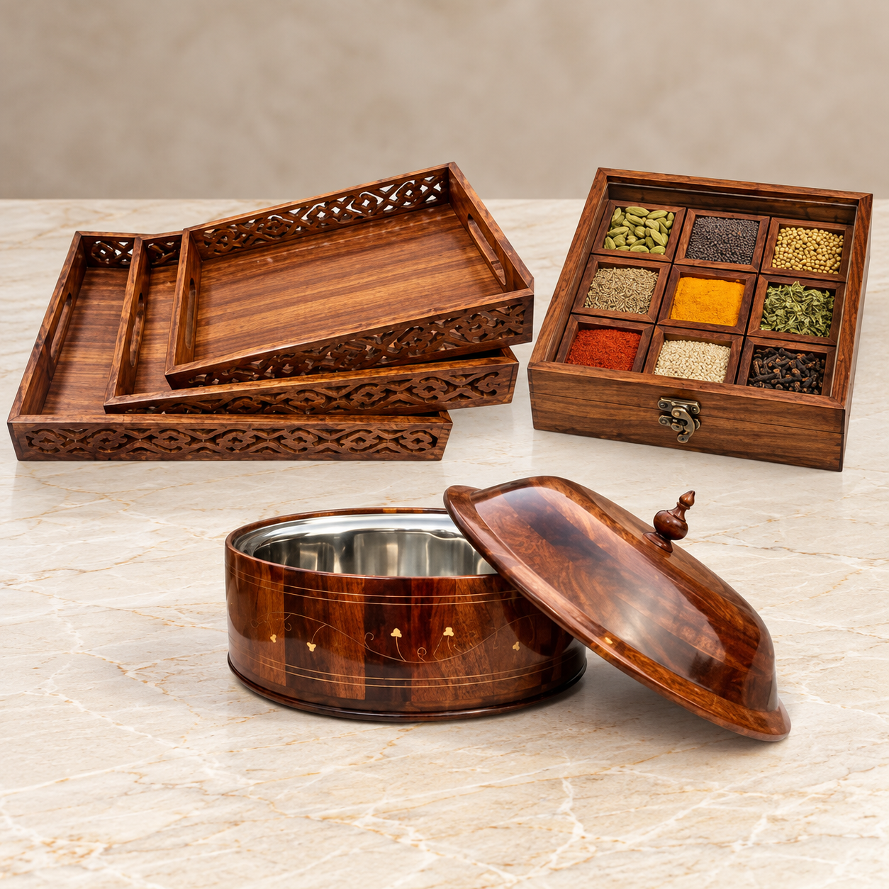 Premium Wooden Kitchen Set – Tray, Hot Pot & Spice Box — image 2