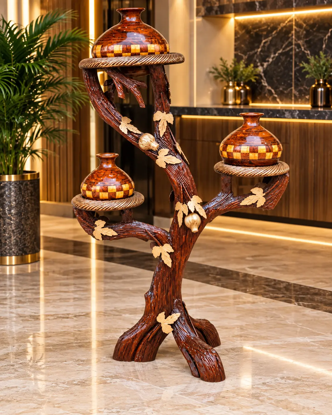 Handcrafted Wooden Tree Stand with 3 Decorative Bowls | Traditional Décor