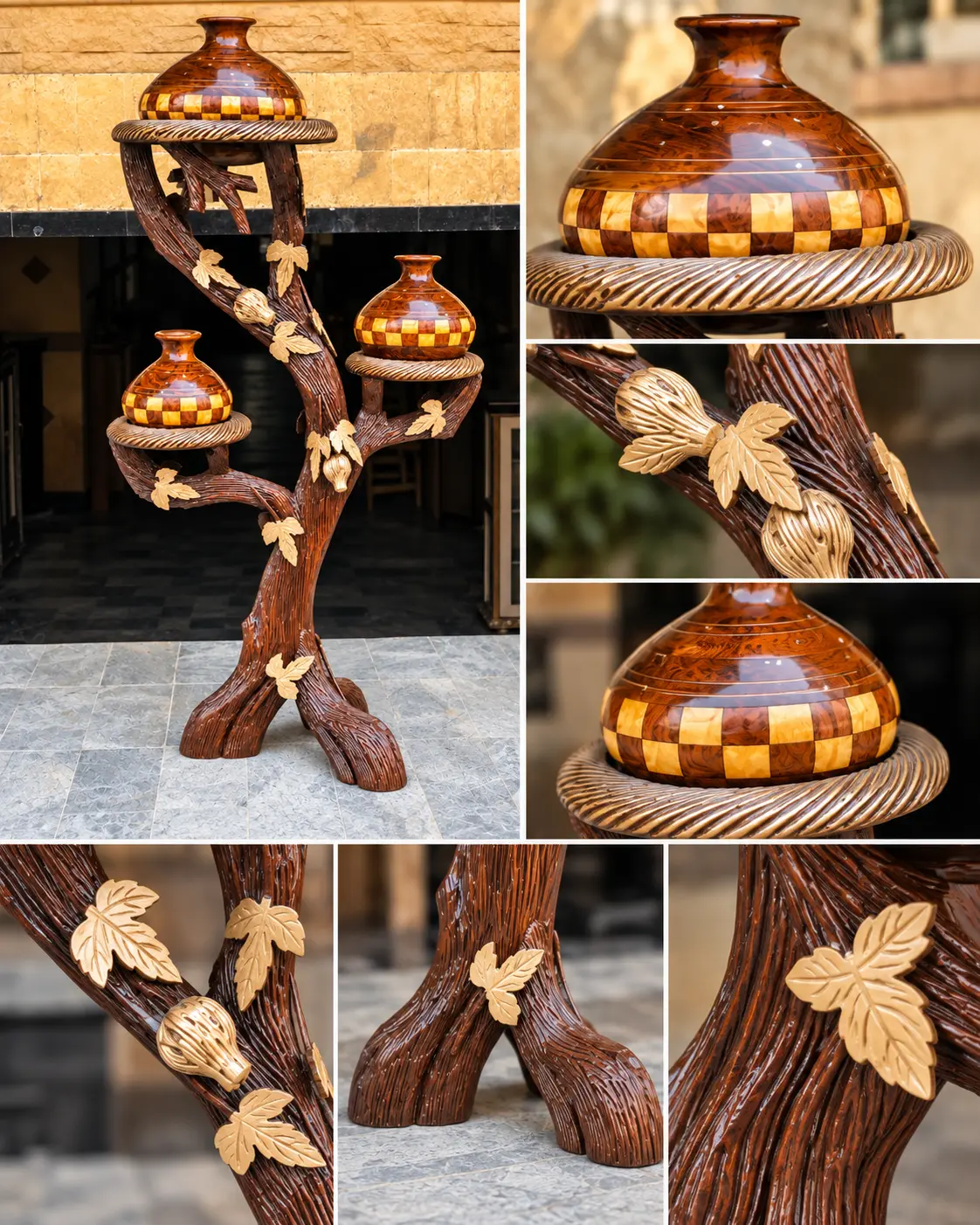 Handcrafted Wooden Tree Stand with 3 Decorative Bowls | Traditional Décor — image 2
