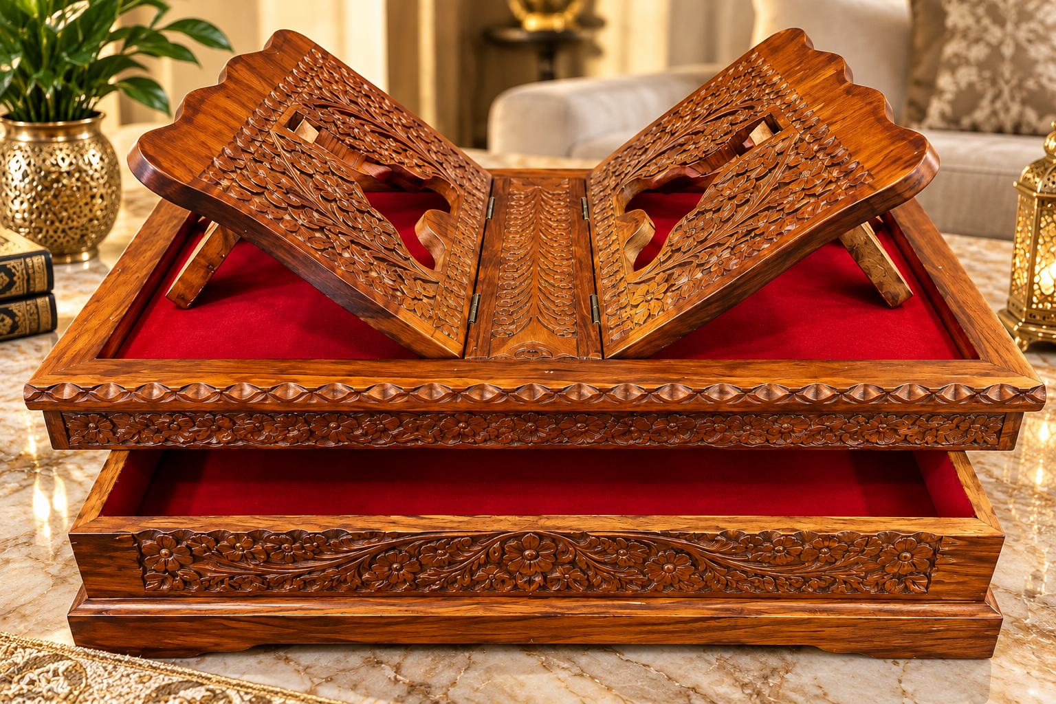 Handcrafted Wooden Quran Stand & Storage Box – Carved Islamic Design