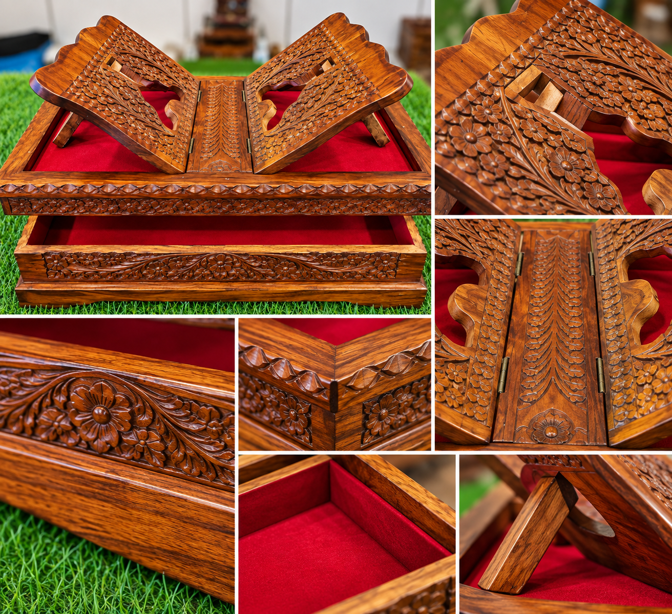 Handcrafted Wooden Quran Stand & Storage Box – Carved Islamic Design — image 2