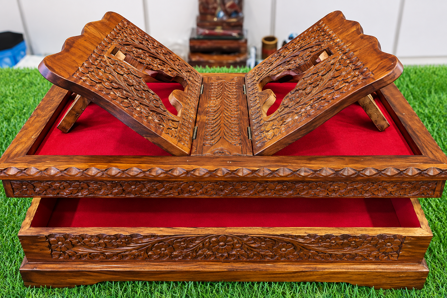 Handcrafted Wooden Quran Stand & Storage Box – Carved Islamic Design — image 3