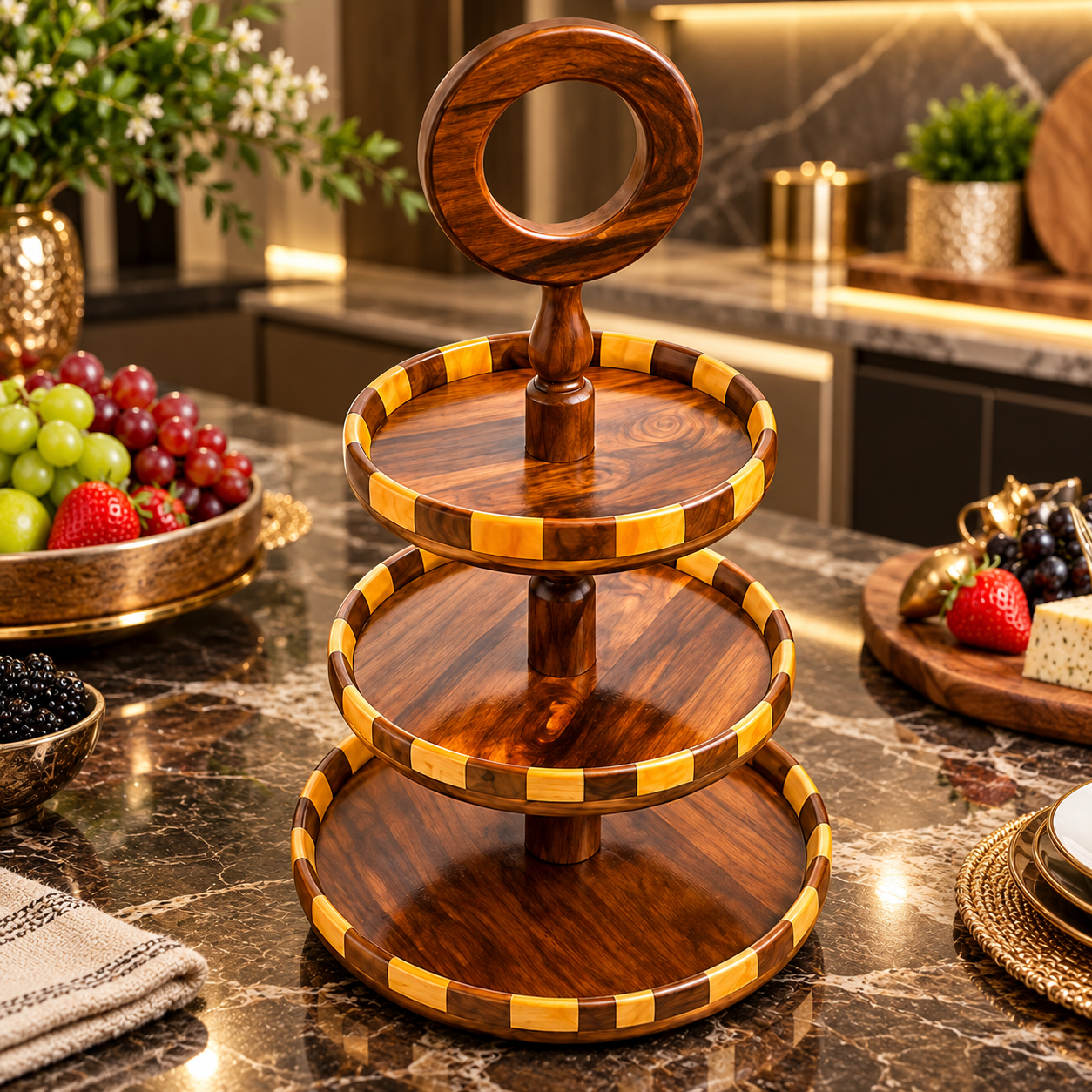 Handcrafted 3-Tier Wooden Fruit & Serving Stand – Round Display Tray