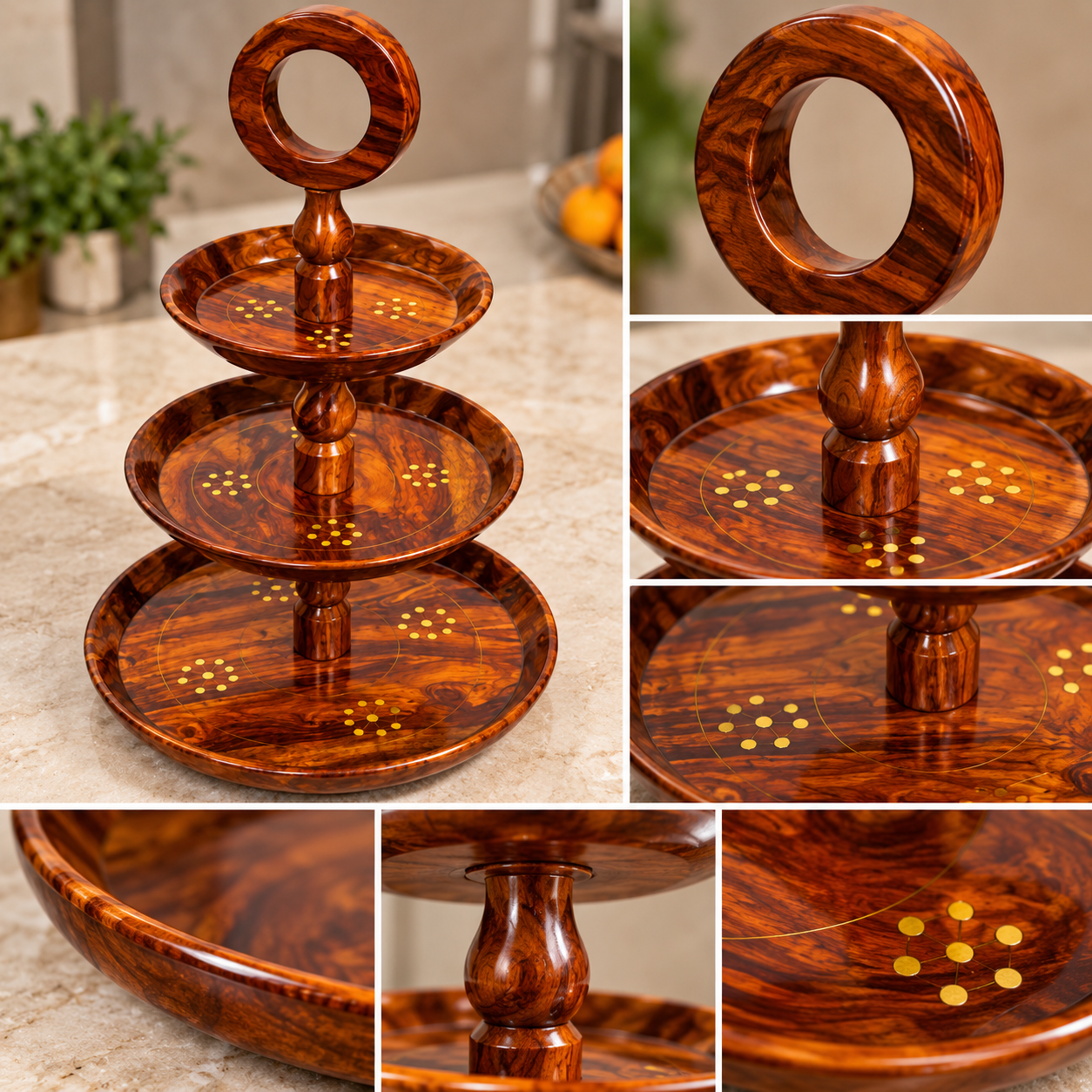 Handcrafted 3-Tier Wooden Fruit & Serving Stand – Round Display Tray — image 4