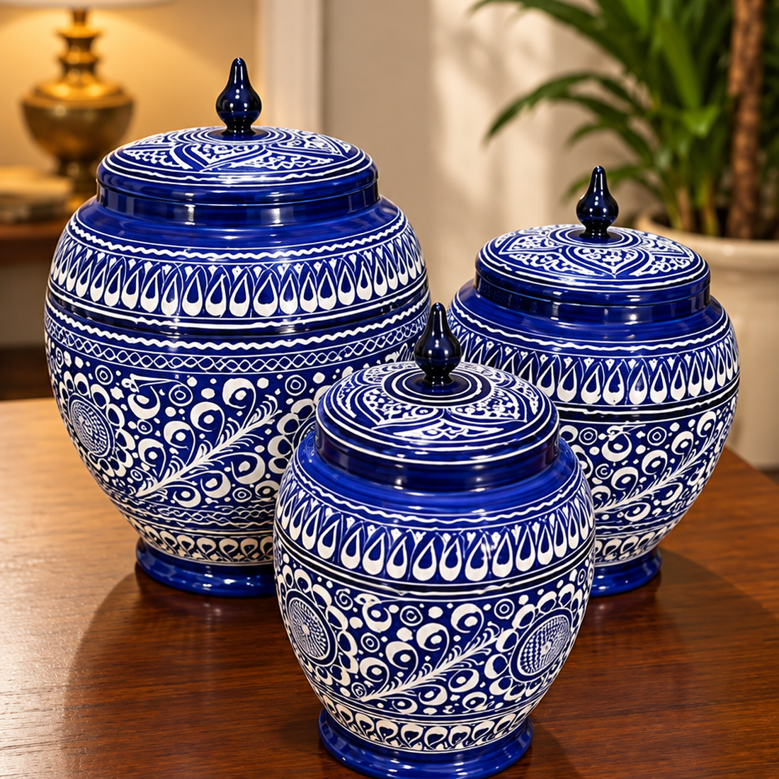 Premium 3-Piece Blue & White Decorative Jar Set – Handcrafted Design