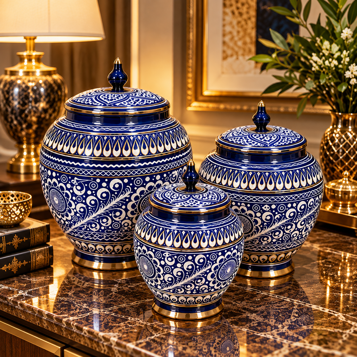 Premium 3-Piece Blue & White Decorative Jar Set – Handcrafted Design — image 4