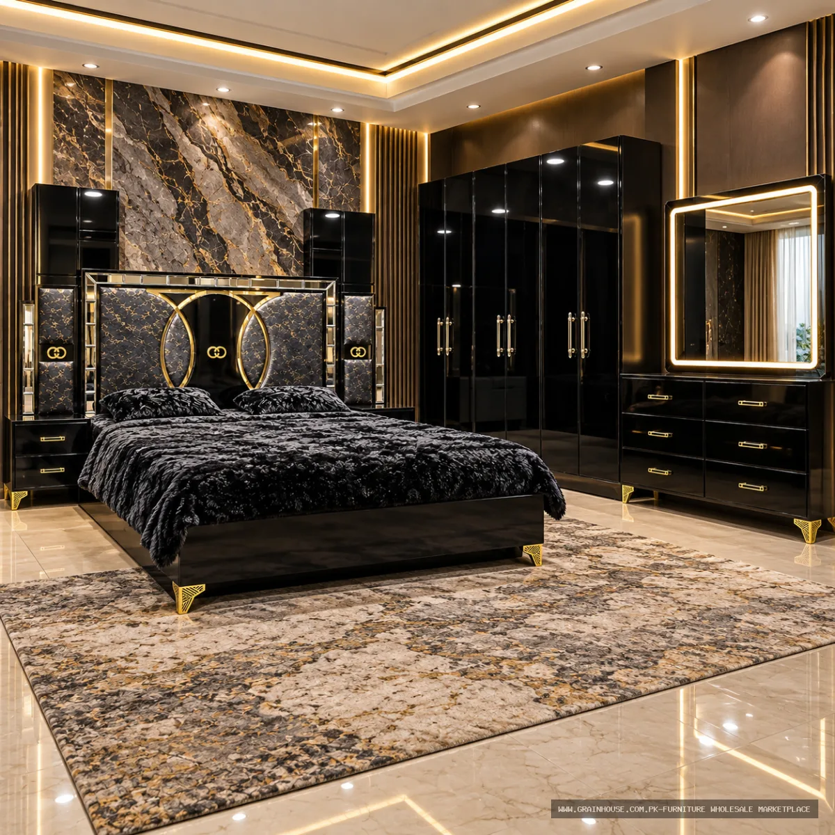 Gucci Glass Design Bedroom Set – King Size Bed, Side Tables, Dressing & Jumbo Wardrobe | MM Furniture Pakistan