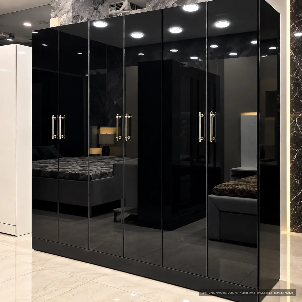 Gucci Glass Design Bedroom Set – King Size Bed, Side Tables, Dressing & Jumbo Wardrobe | MM Furniture Pakistan — image 3