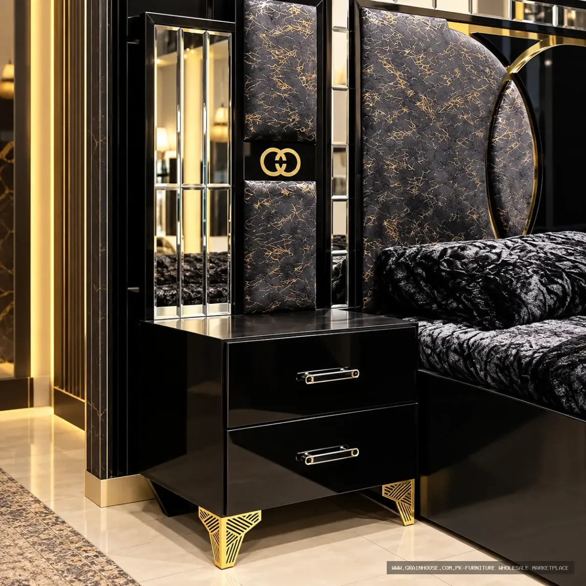 Gucci Glass Design Bedroom Set – King Size Bed, Side Tables, Dressing & Jumbo Wardrobe | MM Furniture Pakistan — image 4