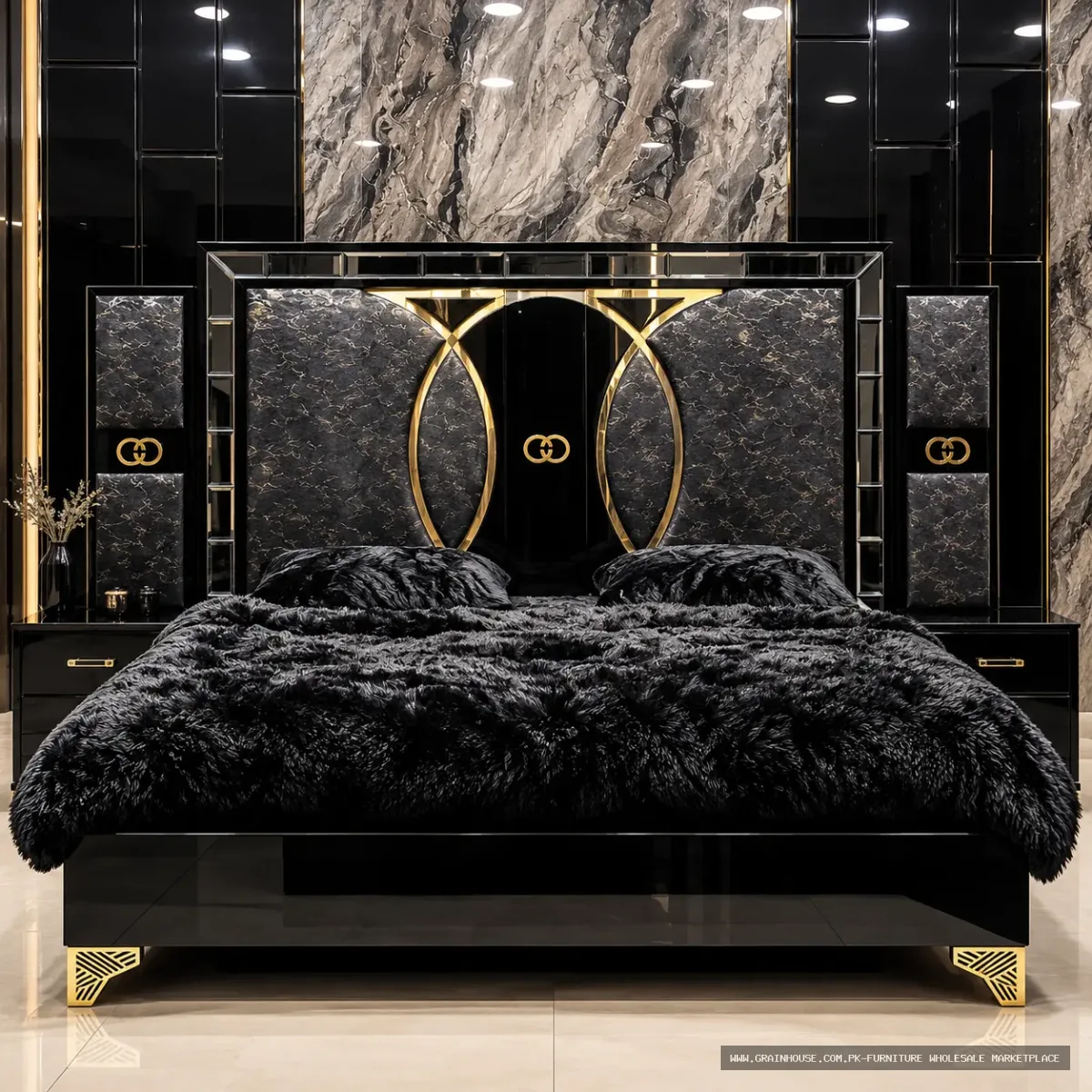 Gucci Glass Design Bedroom Set – King Size Bed, Side Tables, Dressing & Jumbo Wardrobe | MM Furniture Pakistan — image 2